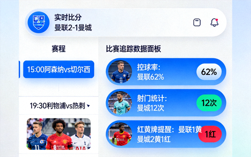 77体育直播界面展示实时比分、赛程和比赛追踪数据面板，包含球队控球率、射门统计和红黄牌提醒